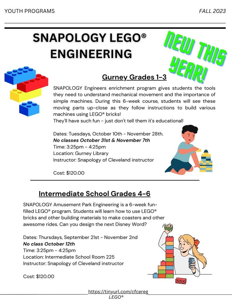 Brand new to Chagrin Students - a fantastic New Lego® STEM course! The fun at Intermediate School starts this week, and at Gurney in October. Places still available! Sign up here: https://events.circuitree.com/ChagrinFalls